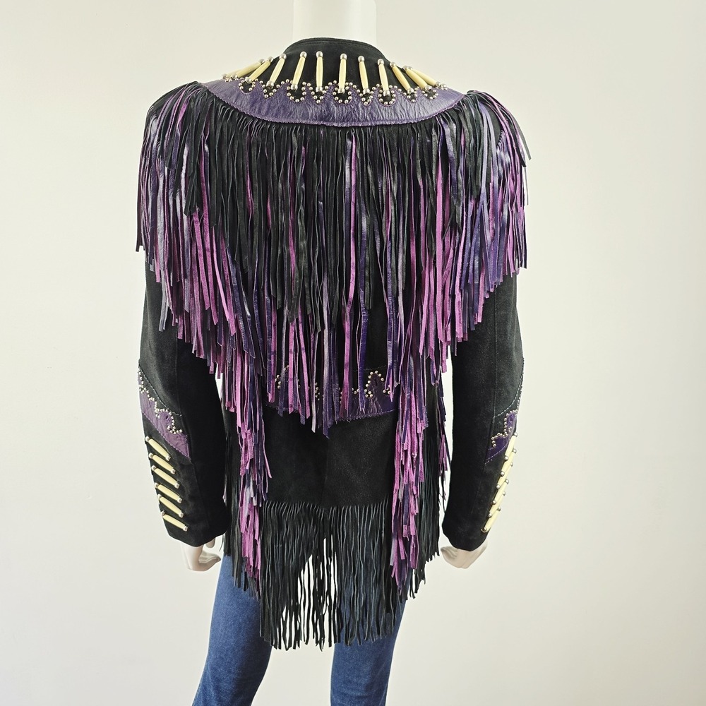 Leather Gallery Western Fringe Suede Jacket Cowgirl Southwest Beaded Size M Snap - Picture 10 of 15